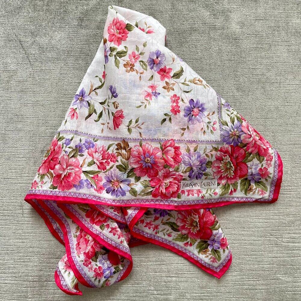 YSL Vintage Yves Saint Laurent Cotton Floral Square Scarf 22" Pink Purple